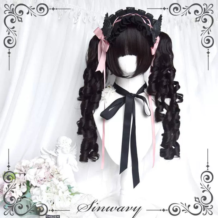 Black Jirai Kei Wig Set Lolita Roman Curly Double Ponytail 42183:730970