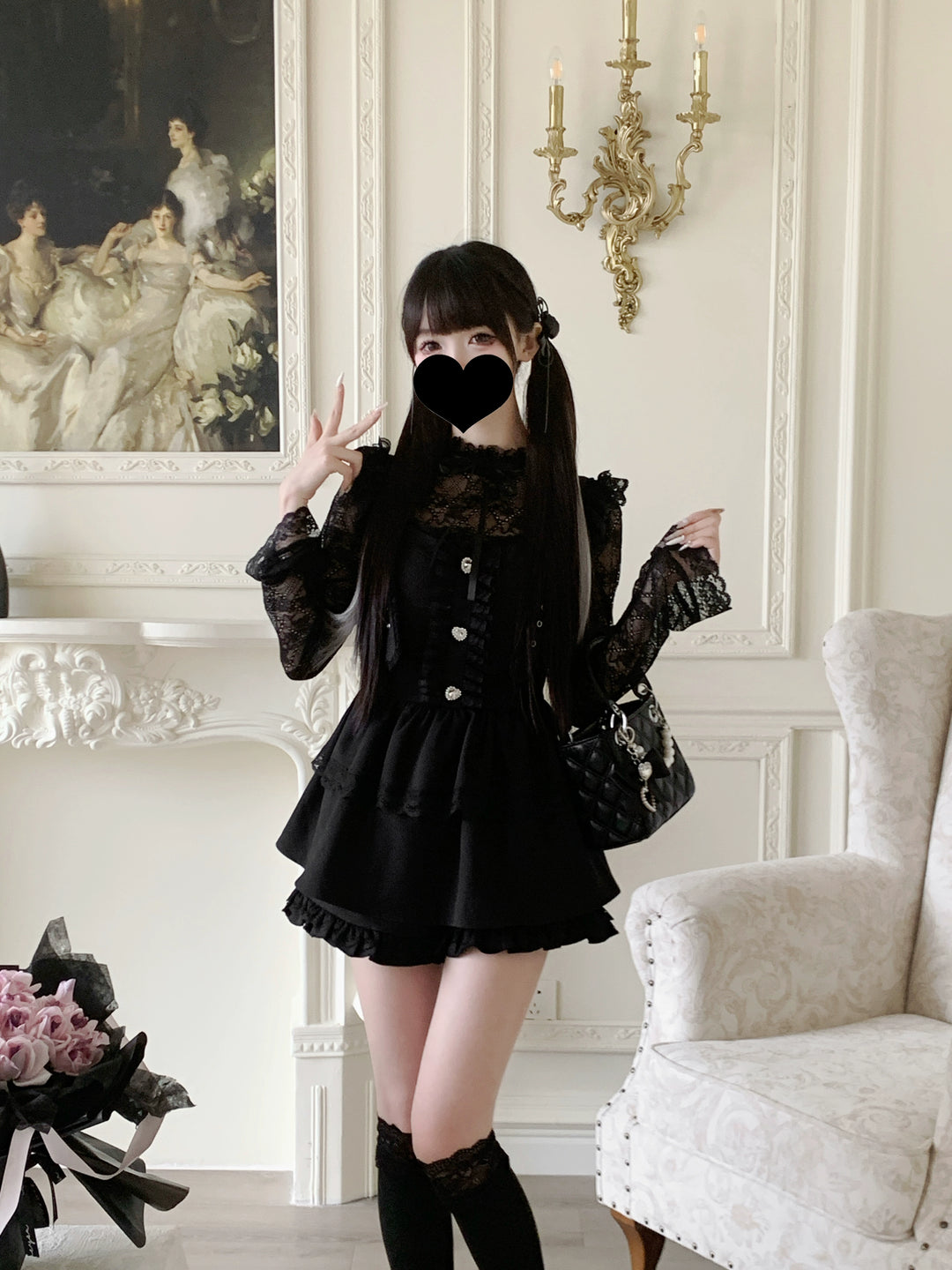 Jirai Kei Dress Sheer Lace Shirt Strap Dress Short Set (L M S / Black) 39510:627052