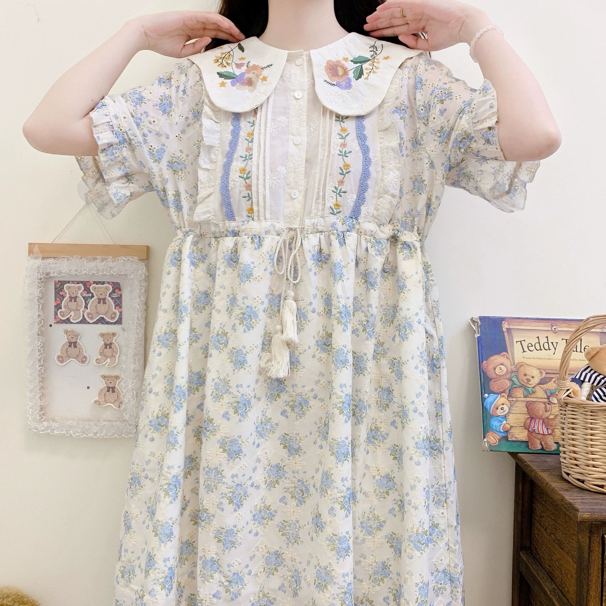 Cottagecore Dress Mori Kei Dress Blue Floral Dress 36236:526706