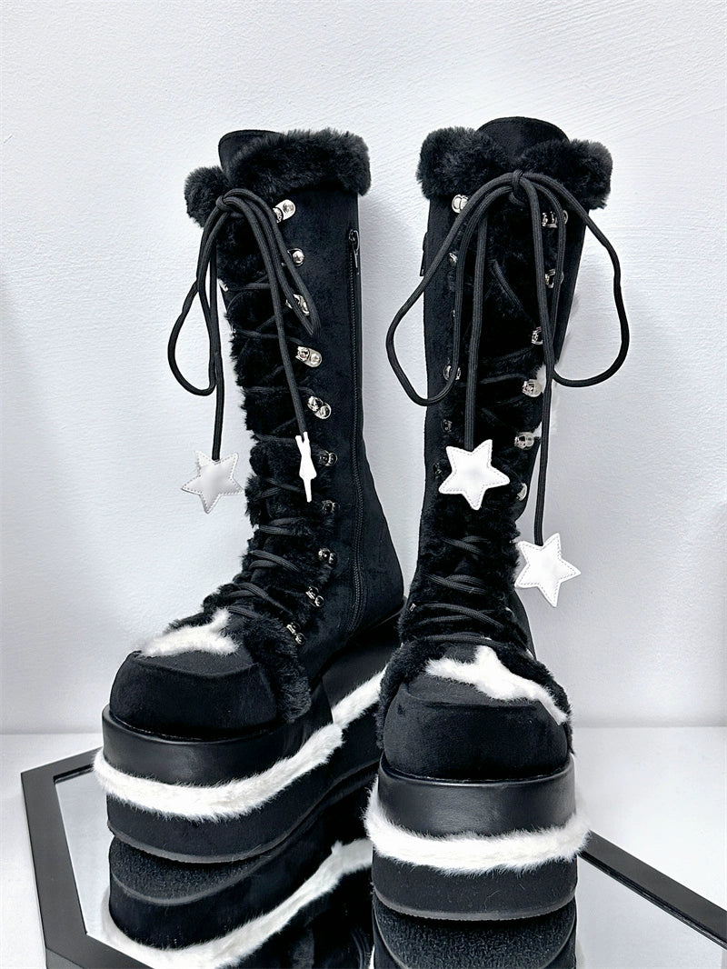 Y2K Platform Shoes Black Plush Combat Boots 33824:439512 33824:439512