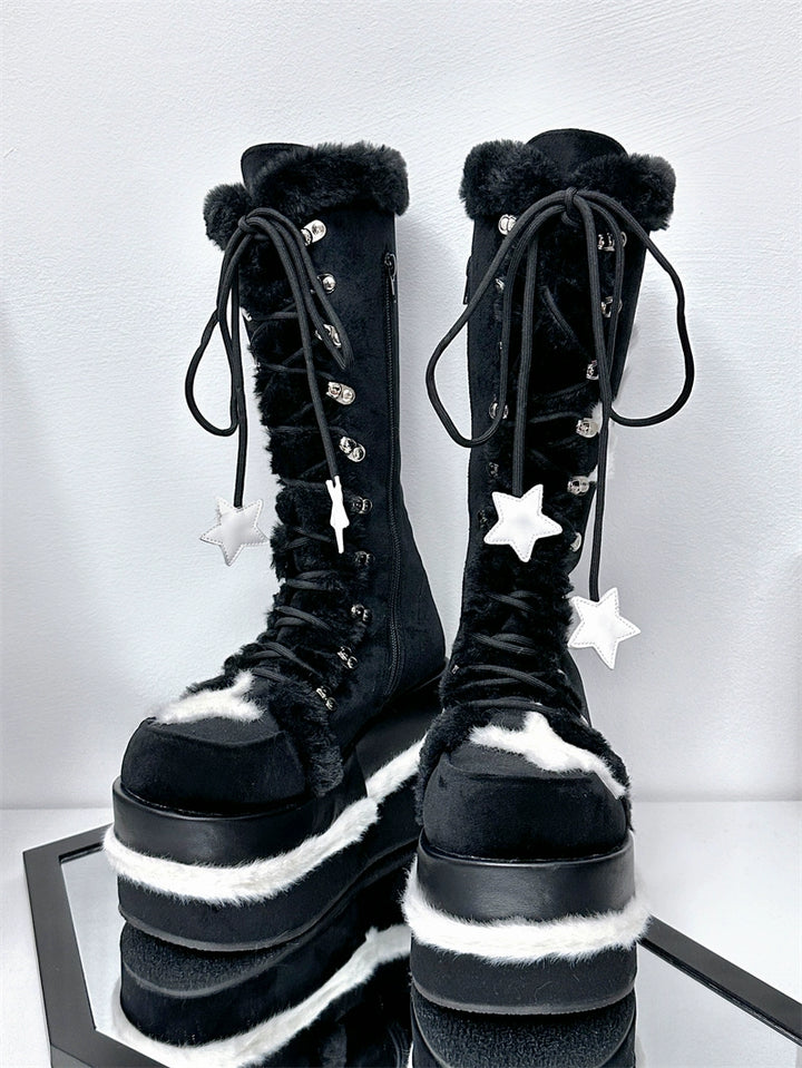 Y2K Platform Shoes Black Plush Combat Boots 33824:439512 33824:439512