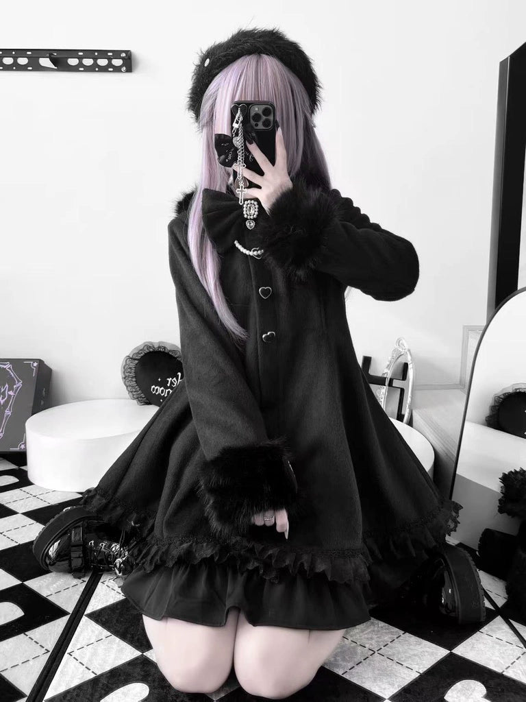 Wool-Blend Jirai Kei Coat, Bunny Ear Hood and Bows 44013:793030