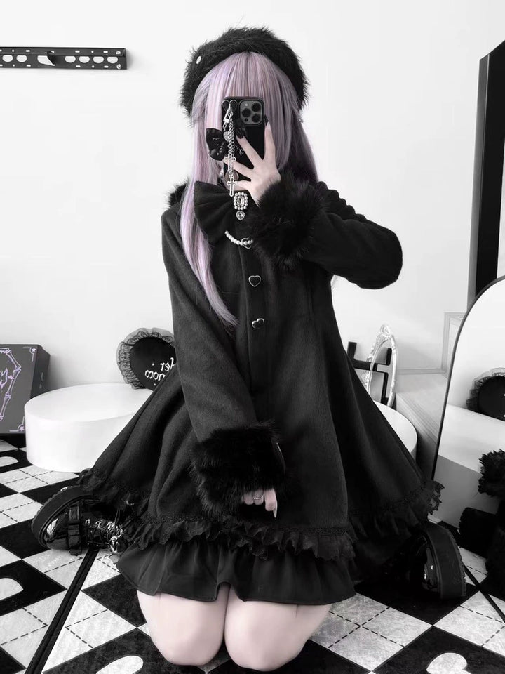 Wool-Blend Jirai Kei Coat, Bunny Ear Hood and Bows 44013:793030