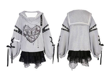 Jirai Kei Outfit Set Gothic Sailor Collar Sweatshirt Set 35762:517428