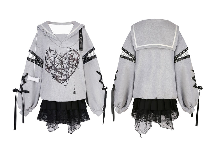 Jirai Kei Outfit Set Gothic Sailor Collar Sweatshirt Set 35762:517428 35762:517428