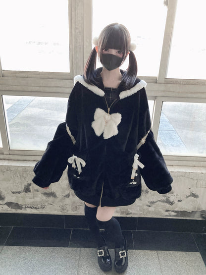 Black Jirai Kei Coat Ryousangata Imitation Rabbit Fur Coat 33304:446238