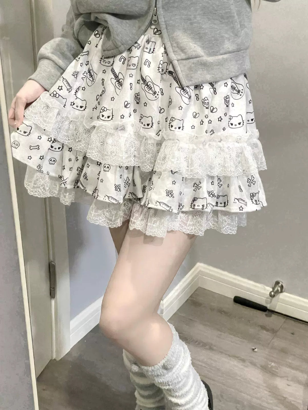 Y2K Skirt Kitty Print Lace Skirt Puff Cake Skirt 37736:586740