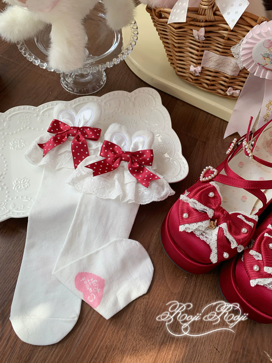 Sweet Lolita Mid-Calf Cotton Socks, Bunny Ears, Polka Dots 44712:819610
