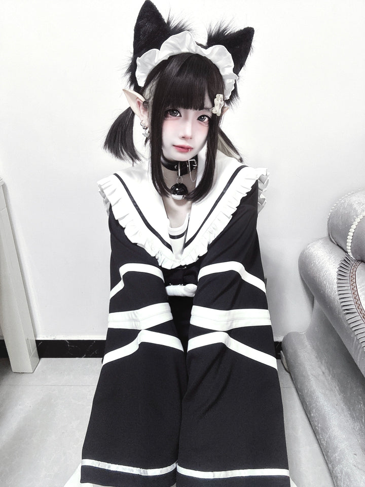 Jirai Kei Black White Dress Oversized Sailor Collar Dress 32016:380302 32016:380302