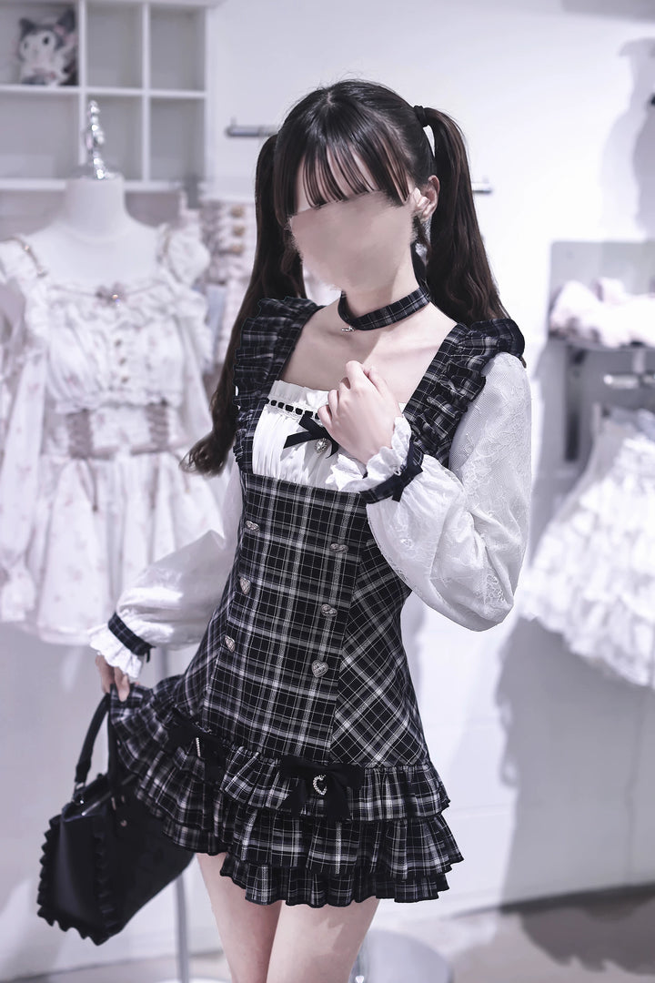 Jirai Kei Plaid Dress, White Lace Long Sleeve 45838:865324