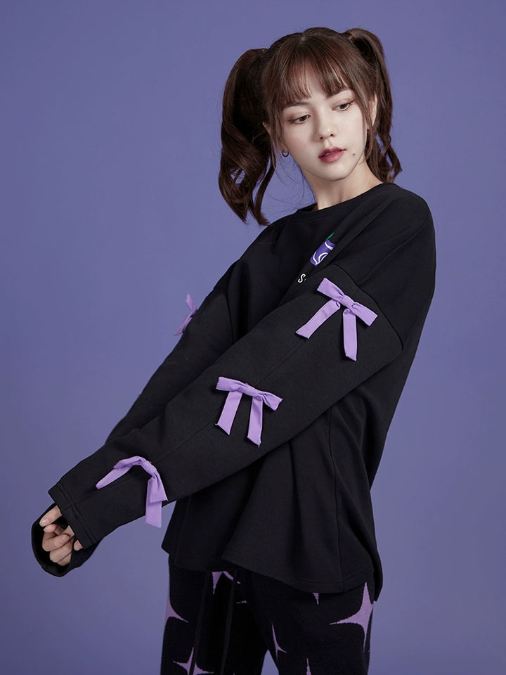 Jirai Kei Sweatshirt Purple Black Bow Rose Pullover Sweatshirt 32452:422548 32452:422548