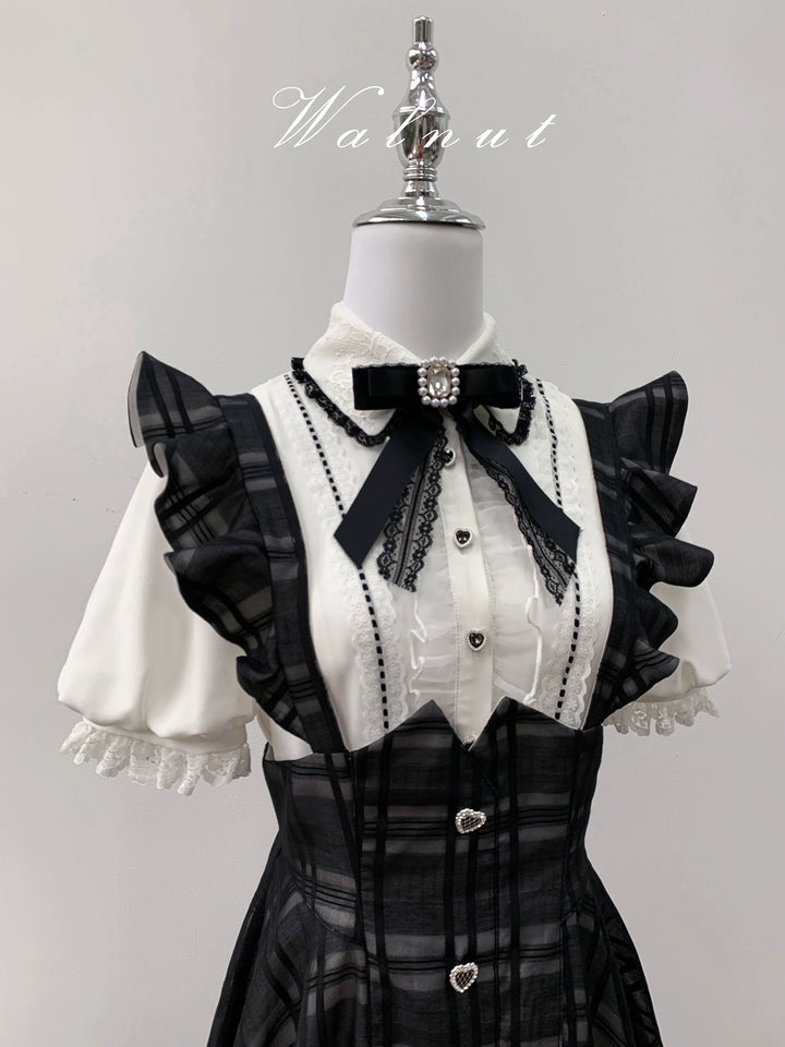 Black Jirai Kei Plaid Suspender Skirt Set with White Blouse 42918:757786