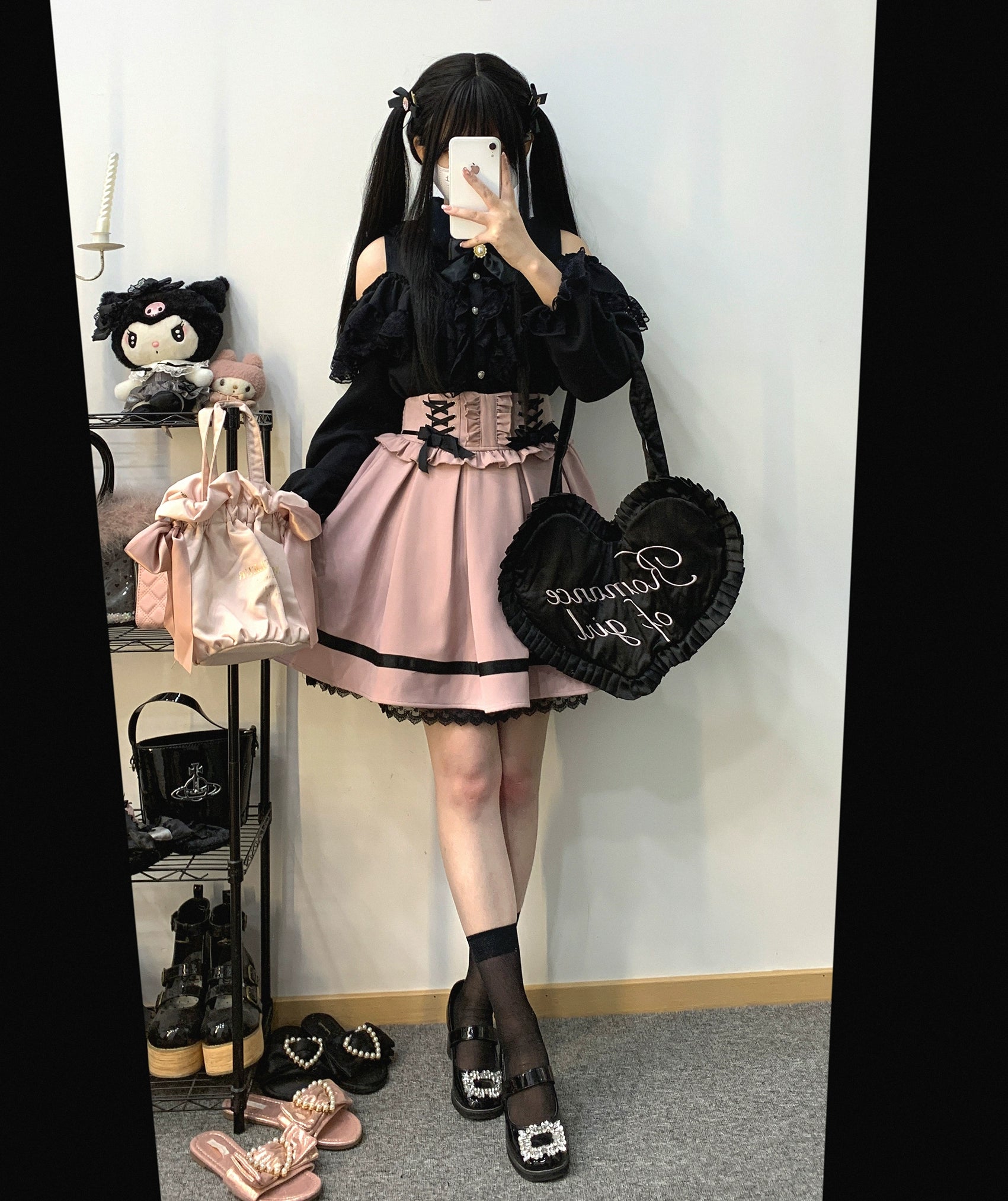 Jirai Kei Skirt High Waist Lace Up Skirt With Bow Tie 31860:396652
