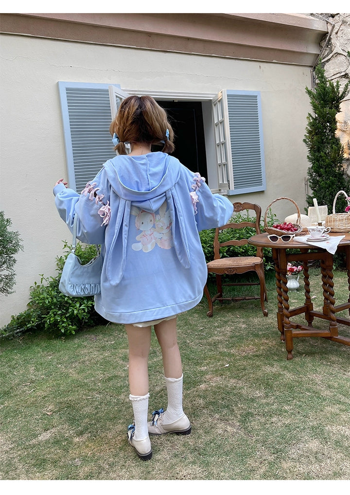 Pastel Oversized Hoodie Blue Apricot Bunny Ears Sweatershirt 22656:344296 22656:344296