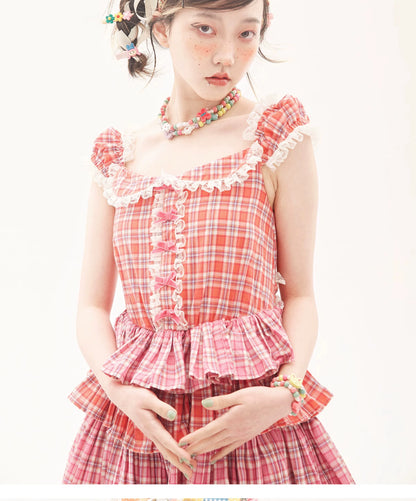 Sweet Lolita Dress Pink Plaid Dress Kawaii Layered Dress 36166:543340