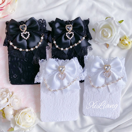 Jirai Kei Handmade Bow Pearl Heart Lolita Lace Socks 28904:326718