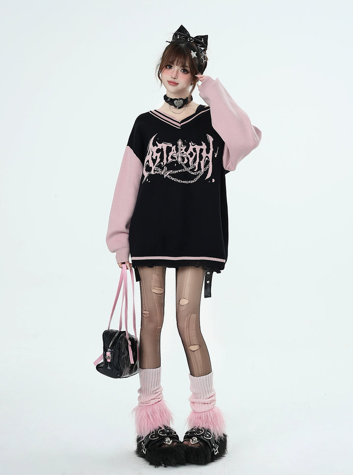 Y2K Sweater Gyaru V-neck Black-Pink Sweater For Winter 41790:713696