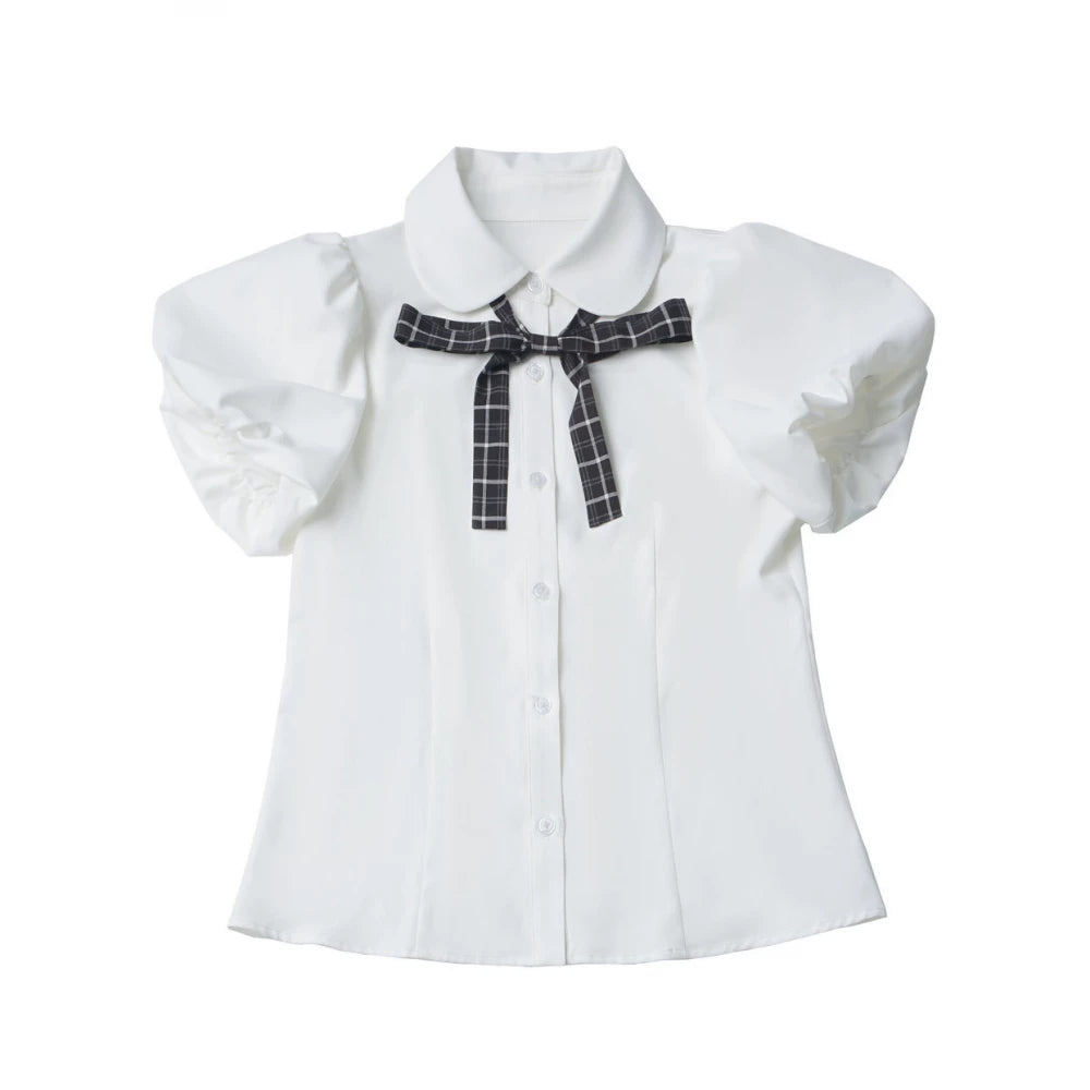 Academia Bubble Sleeve Blouse, Elastic Waist Suspender Skirt (L M S) 45875:866351