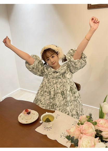 Mori Kei Dress Bubble Sleeve Vintage Green Floral Dress 36552:531240