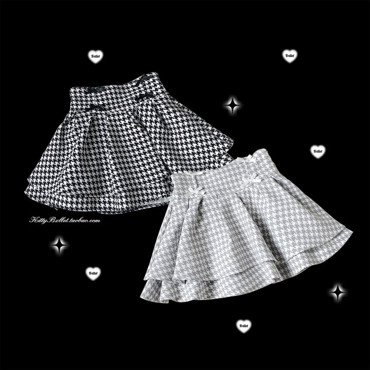 Jirai Kei Skirt Double Layer Black White Houndstooth Skirt 40020:649394