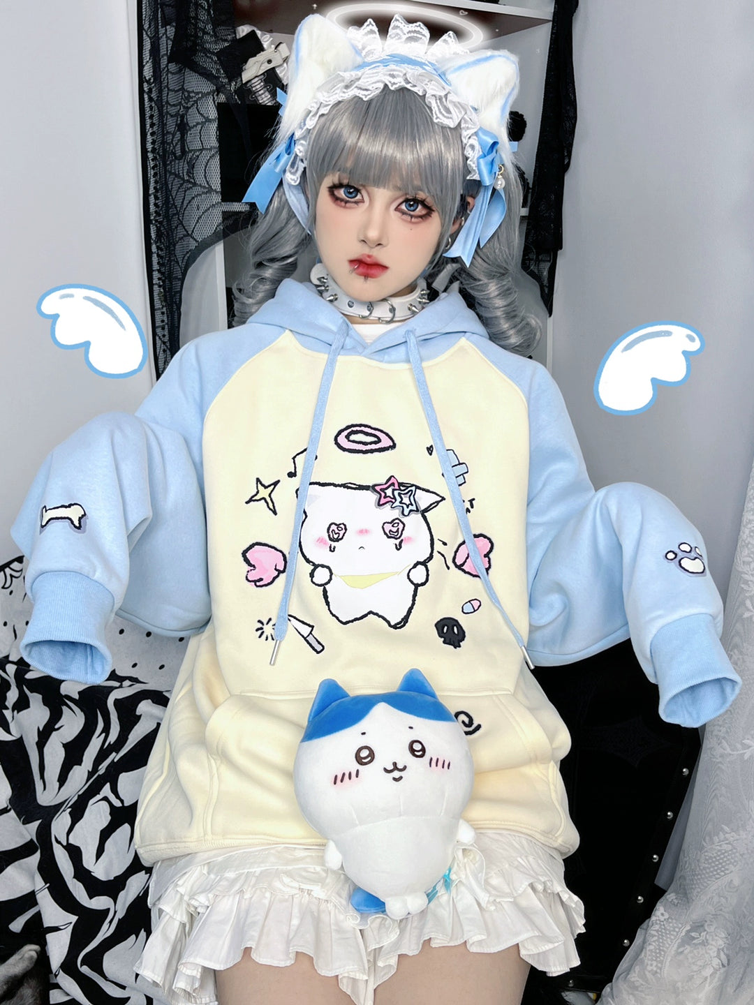 Tenshi Kaiwai Hoodie Cat Print Raglan Sleeve Sweatshirt 34004:611474