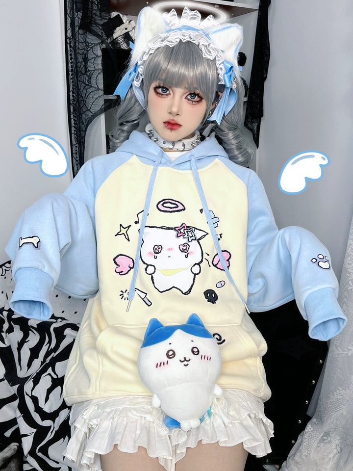 Tenshi Kaiwai Hoodie Cat Print Raglan Sleeve Sweatshirt 34004:611474