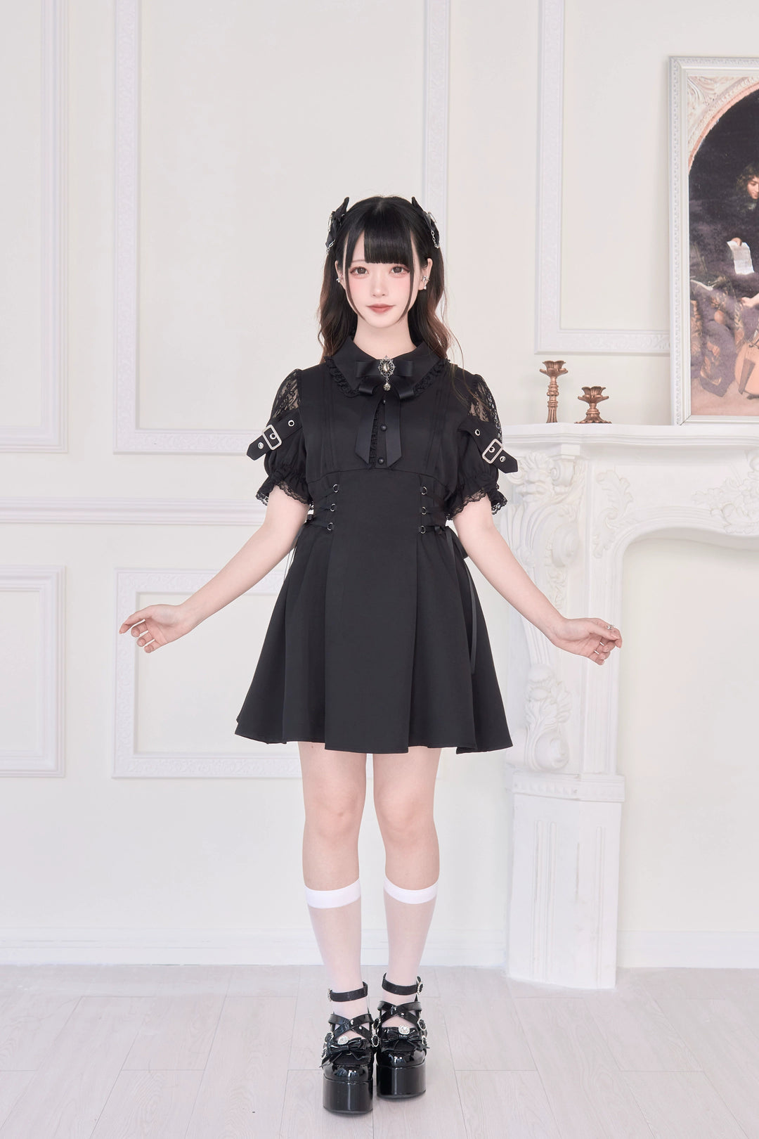 Lace Shoulder Jirai Kei Dress, Pleated Skirt 43534:779087
