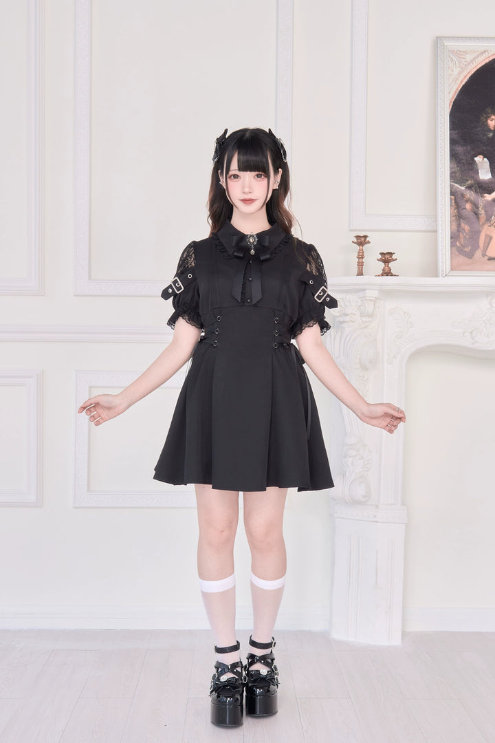 Lace Shoulder Jirai Kei Dress, Pleated Skirt 43534:779087