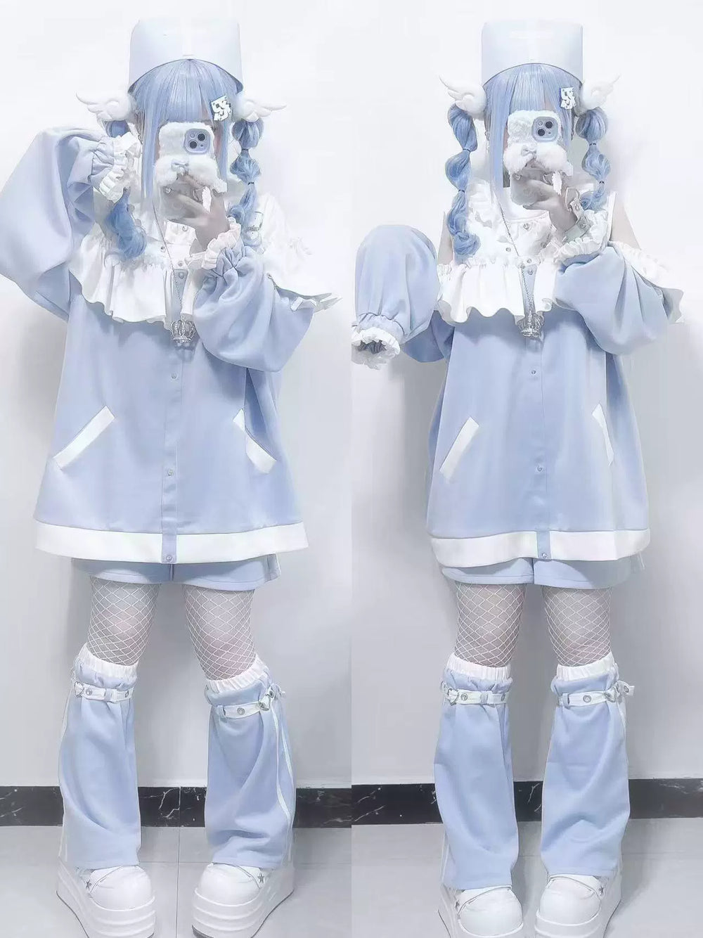 Open-shoulder Tenshi Kaiwai Sweatshirt Set, Pockets 43782:785501