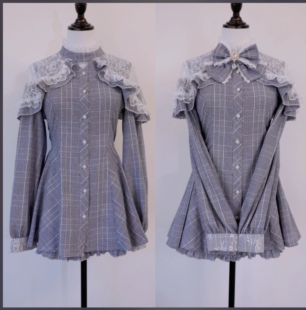 Jirai Kei Dress Set Gray Plaid Long-sleeved Dress And Shorts 41568:704932