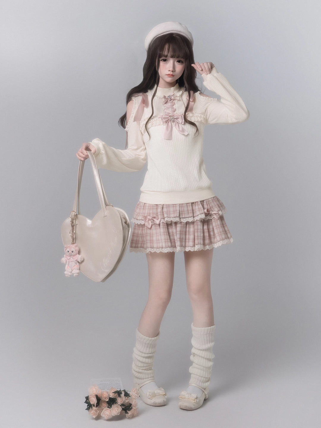 Ryousangata Open-Shoulder Sweater, Tiered Plaid Skirt 44776:824062