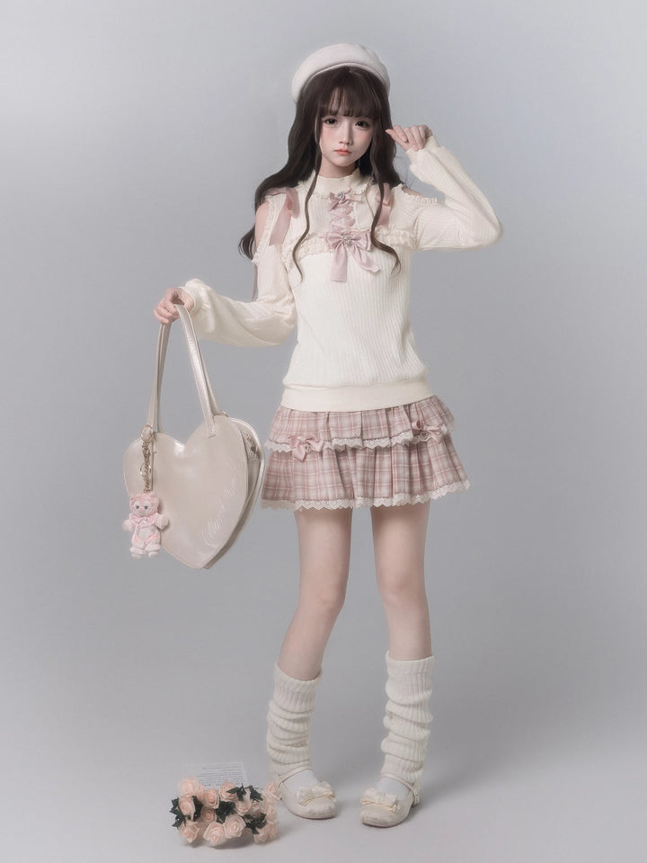 Ryousangata Open-Shoulder Sweater, Tiered Plaid Skirt 44776:824062