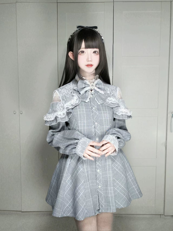 Jirai Kei Dress Set Gray Plaid Long-sleeved Dress And Shorts 41568:704962