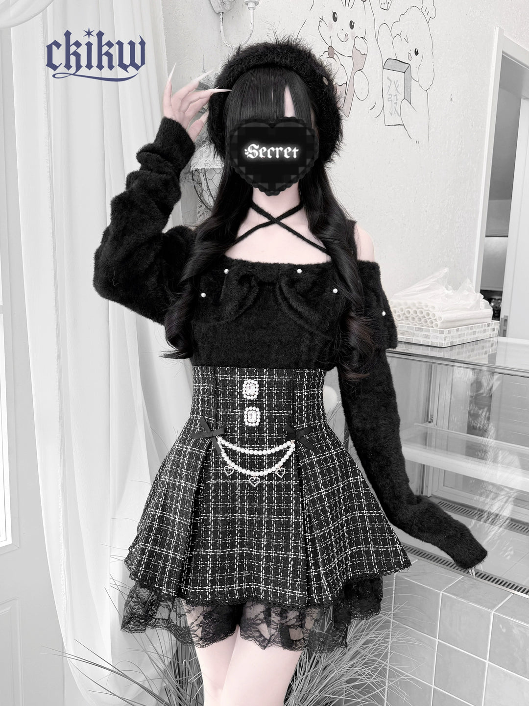 Jirai Kei Open-Shoulder Sweater, Faux Mink Plush 44156:797404