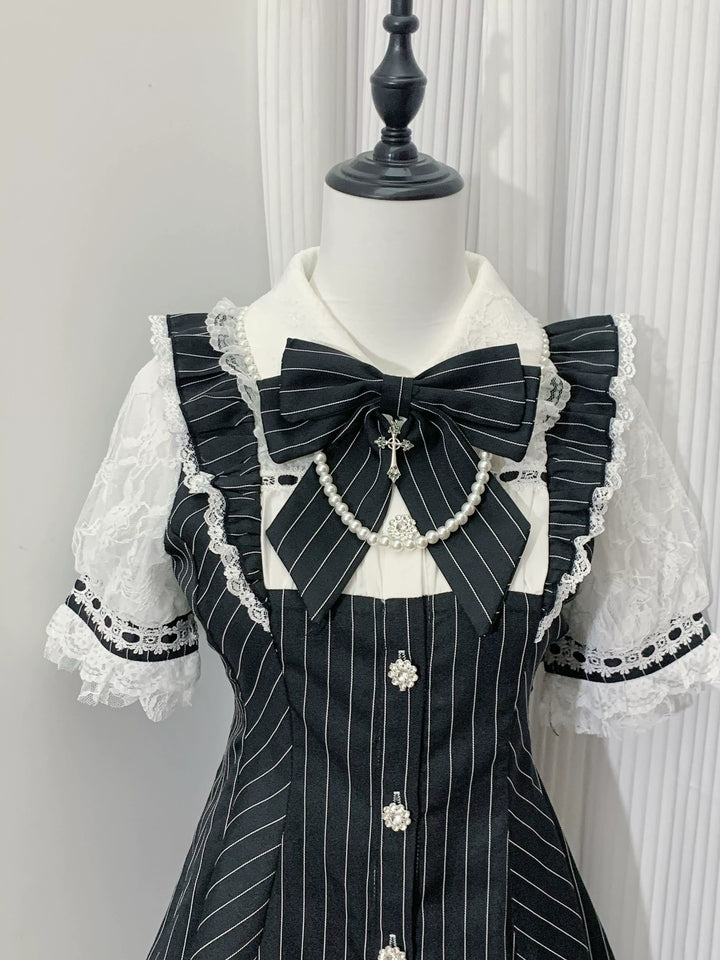 Black/ Gray Striped Jirai Kei Dress & Pocketed Shorts 43018:762184