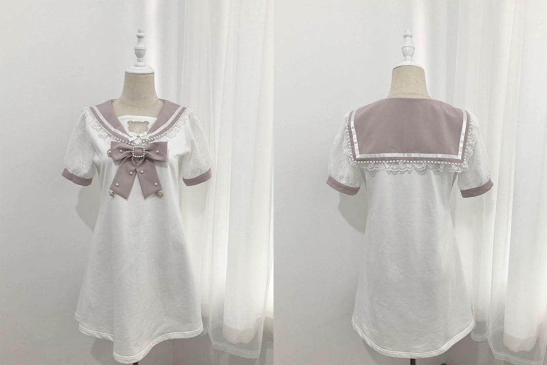 Jirai Kei Dress Sailor Collar Pearl Lace Dress 37656:606518