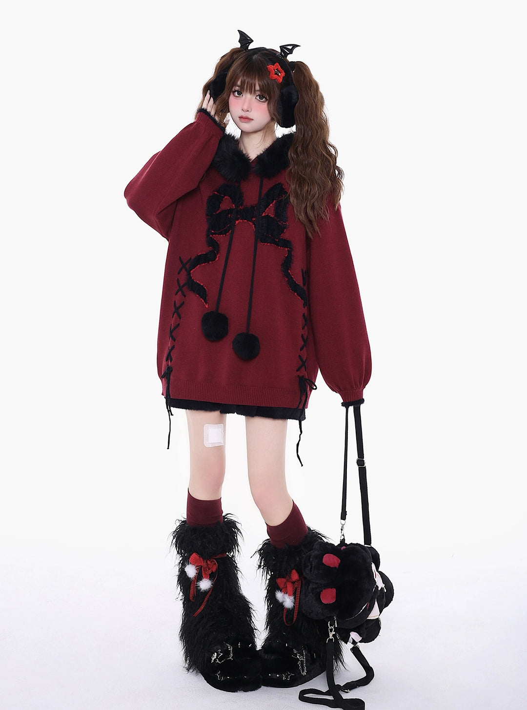 Yami Kawaii Sweater Bow Black Red Hoodie Detachable Collar 39556:639630