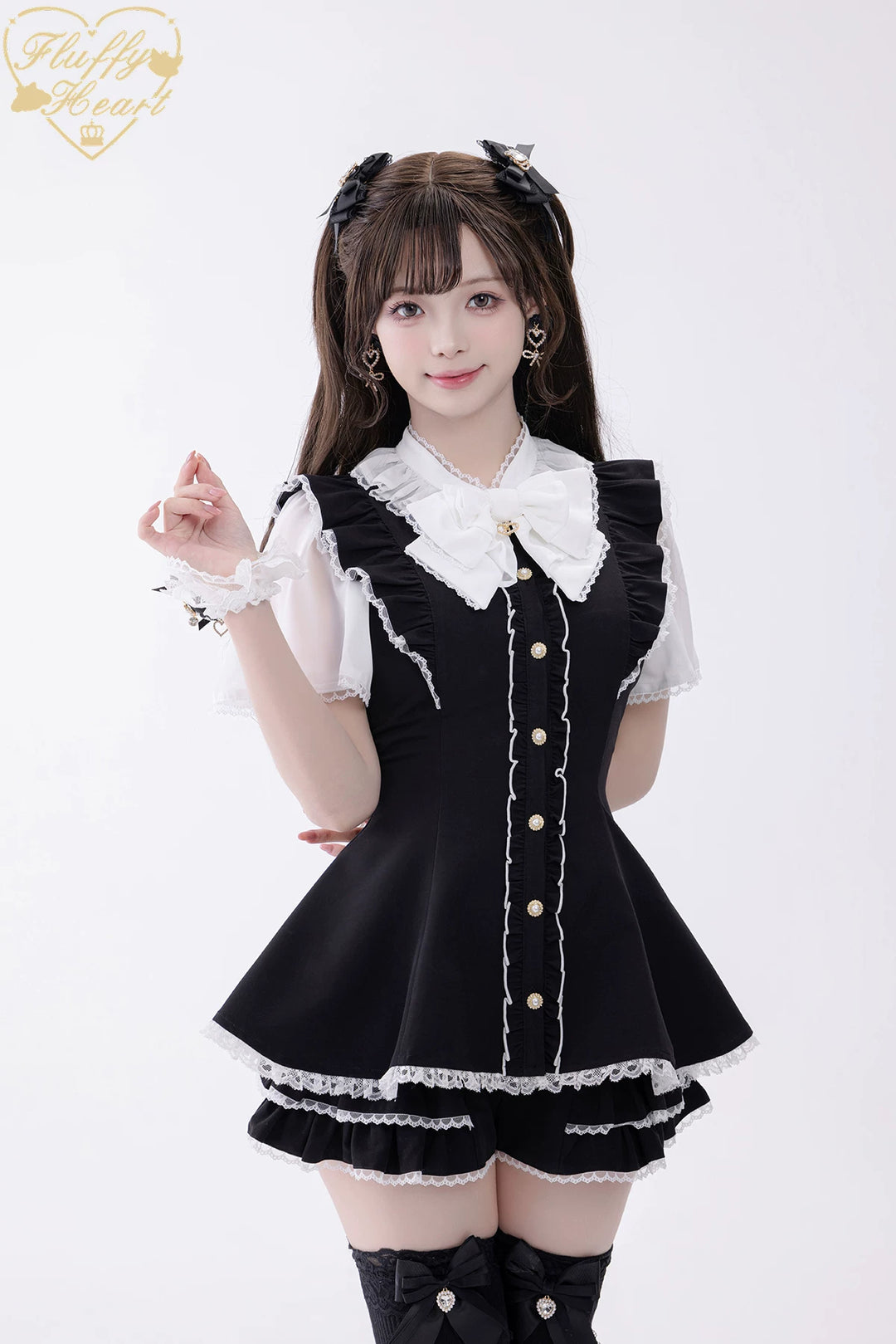 Jirai Kei Button Closure Dress Set Up, Chiffon Sleeves (2XL L M S XL) 45390:846537