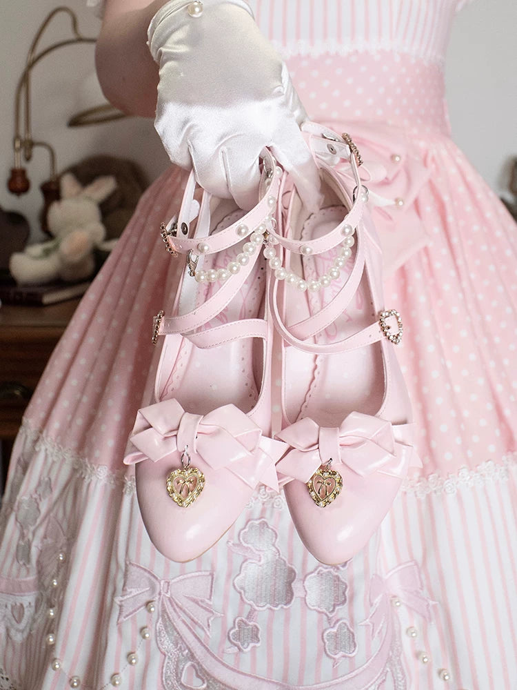 Classic Lolita Pointed Toe High Heels, Pearl-Like & Rhinestone 45841:864892