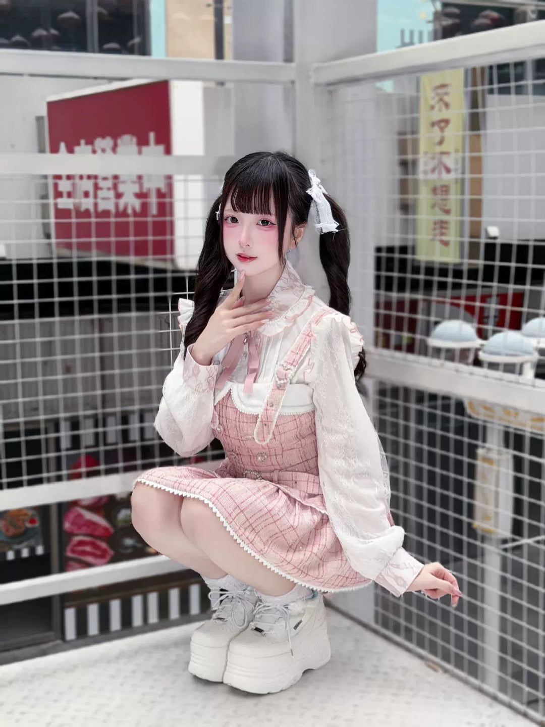 Tweed-like Jirai Kei Suspender Skirt, Matching Shorts 44178:800000