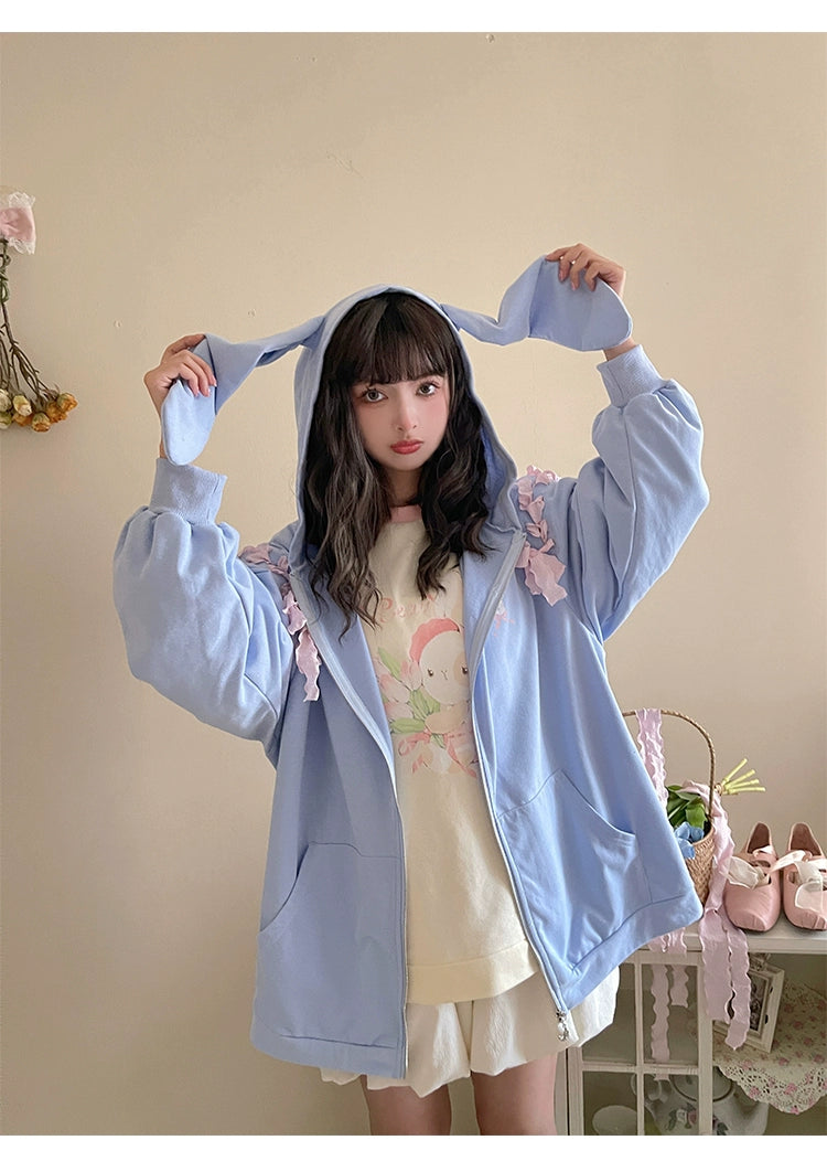 Pastel Oversized Hoodie Blue Apricot Bunny Ears Sweatershirt 22656:344356 22656:344356