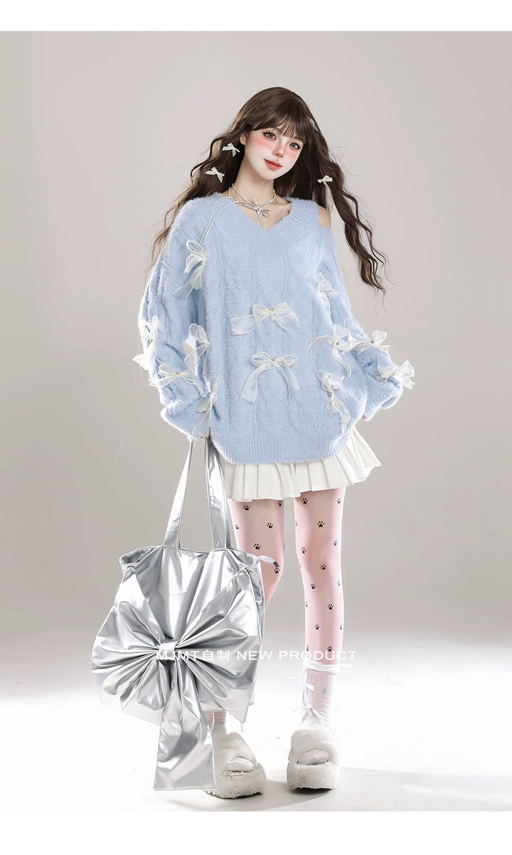 Sweet Winter Sweater, Open-Shoulder, Ribbon Bows 44070:795155