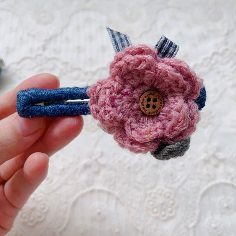 Mori Kei Hair Clips Handmade Knitted Flower Barrettes (Pink) 36438:522388