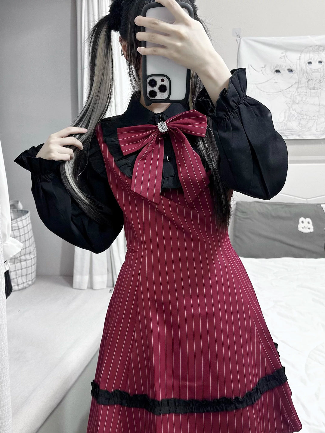 Jirai Kei Striped Long-Sleeve Dress, Detachable Bow 45797:864462