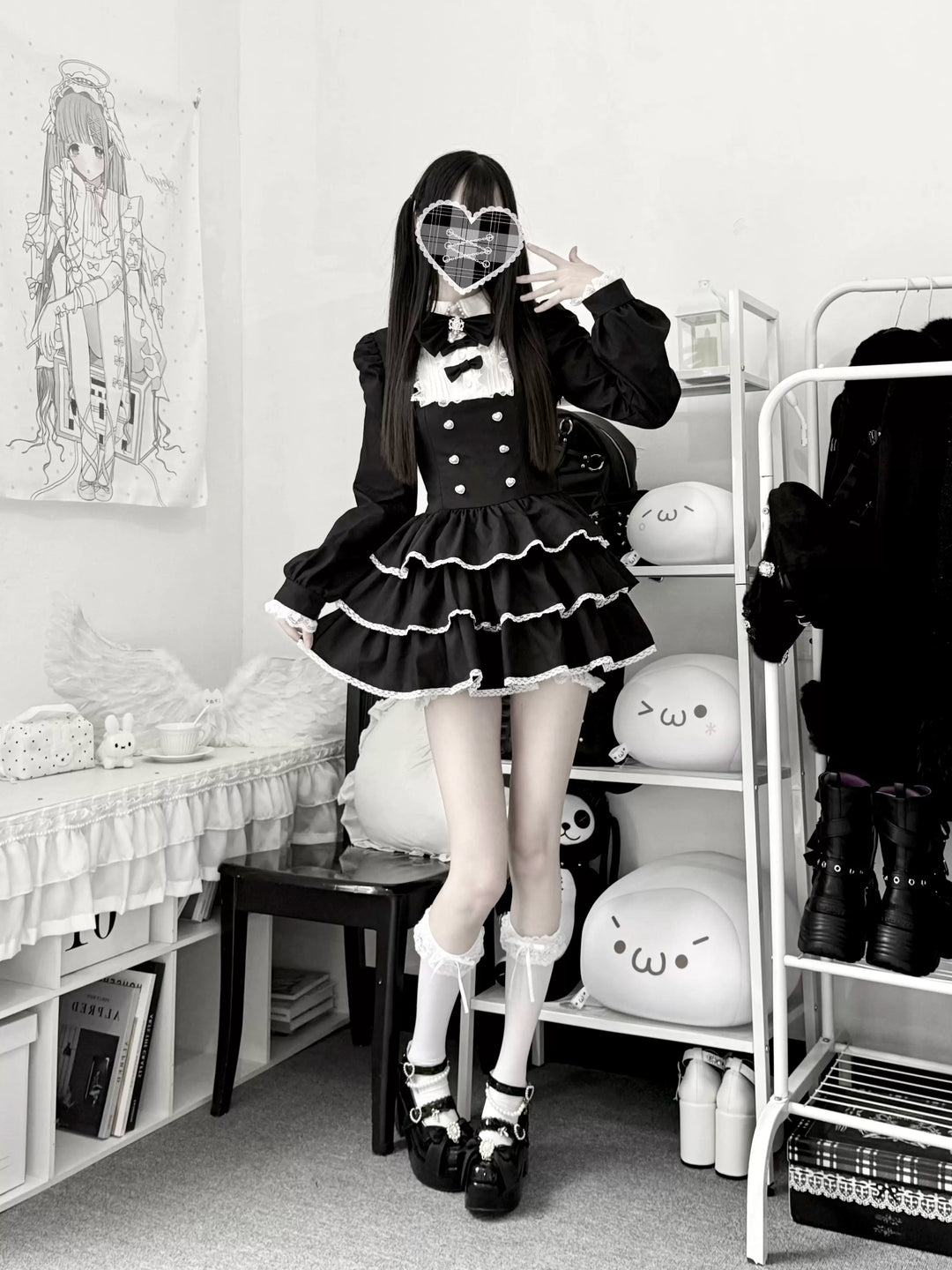 Jirai Kei Striped Lace Neckline Top & Elastic Waist Skort 45938:871931