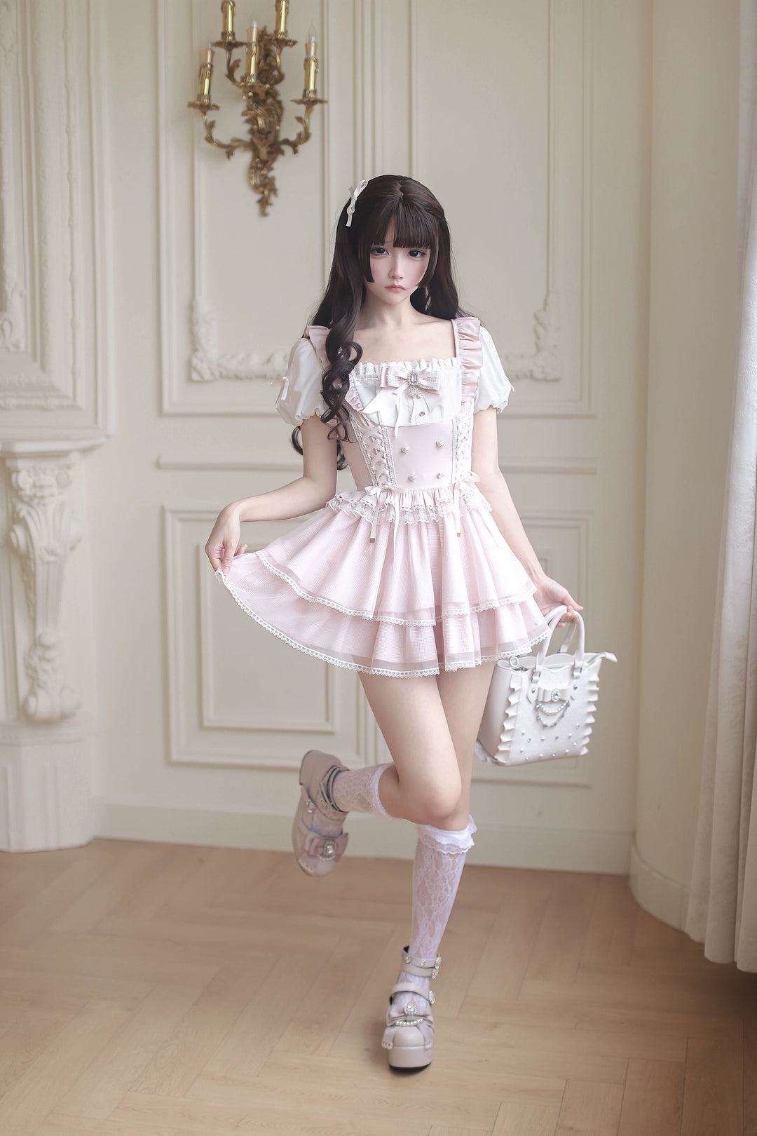 Jirai Kei Puff Sleeve Dress, Layered Tulle Hem 45340:847373