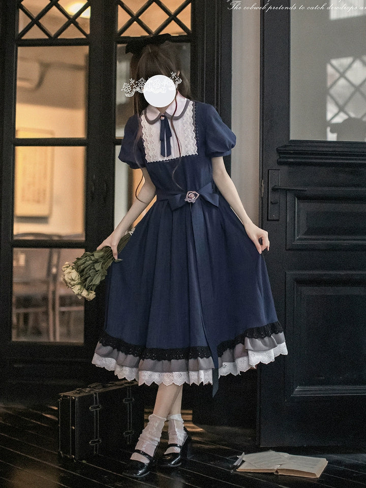 Navy Preppy Style Long Dress, Peter Pan Collar 43648:782296