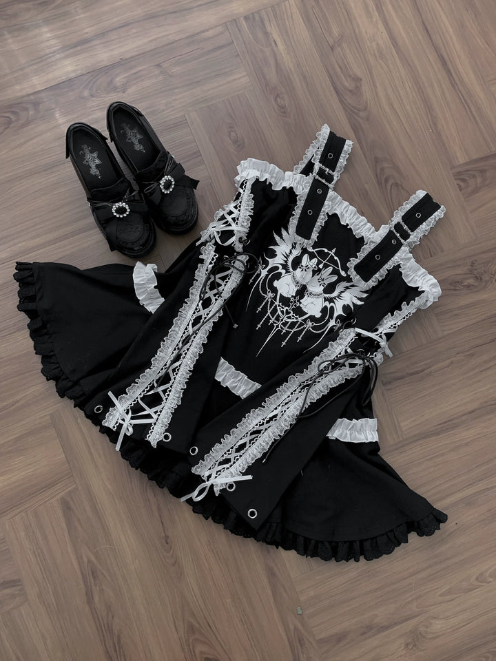 Punk Bunny Print T-shirt Dress, Adjustable Shoulder Straps 45836:865240