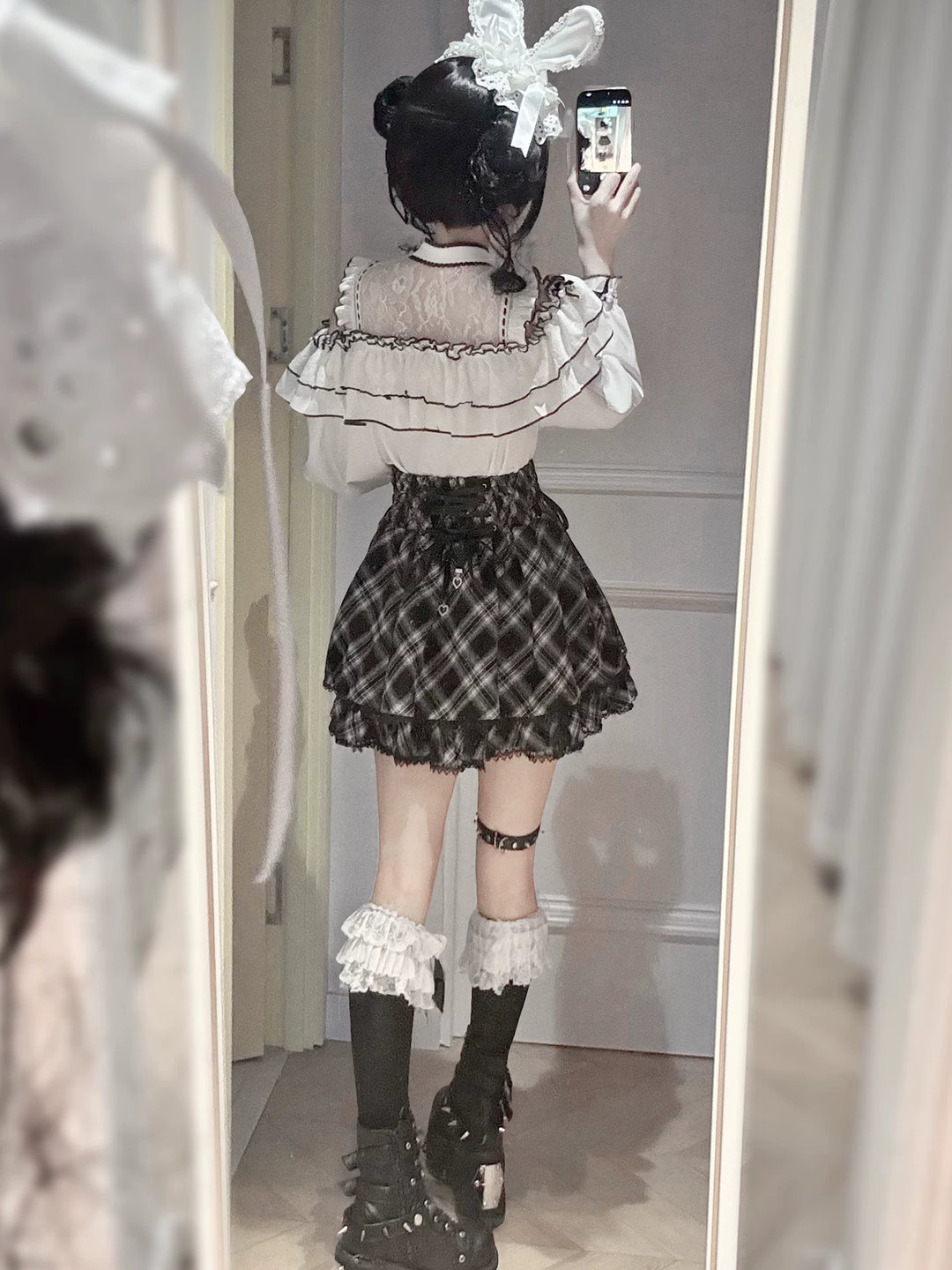 Jirai Kei Plaid Skirt, Ruffled Neckline Chiffon Blouse 45935:868704