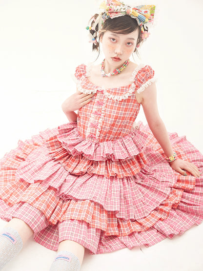 Sweet Lolita Dress Pink Plaid Dress Kawaii Layered Dress 36166:543390